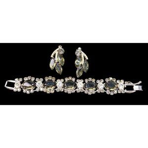 Vintage Juliana Smoke and Ice Rhinestone Bracelet & Clip Earring Set 1950s
